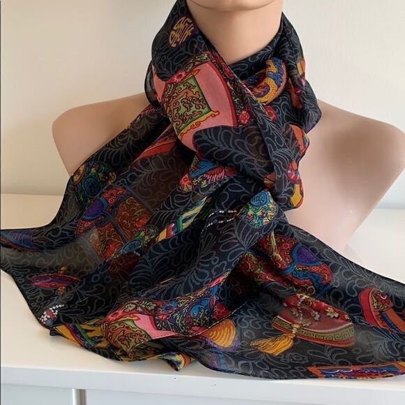 Vintage Chinese clothing design black rayon scarf - Picture 2 of 10